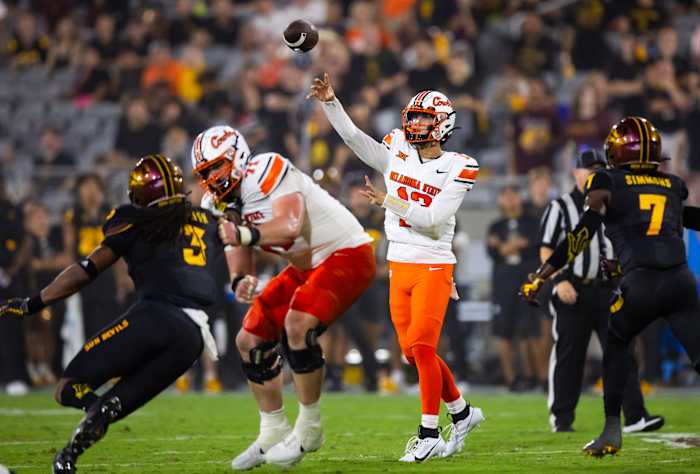 Sep 9, 2023; Tempe, Arizona, USA; Oklahoma State Cowboys quarterback Garret Rangel (13) against the Arizona State Sun Devils at Mountain America Stadium. Mandatory Credit: Mark J. Rebilas-USA TODAY Sports